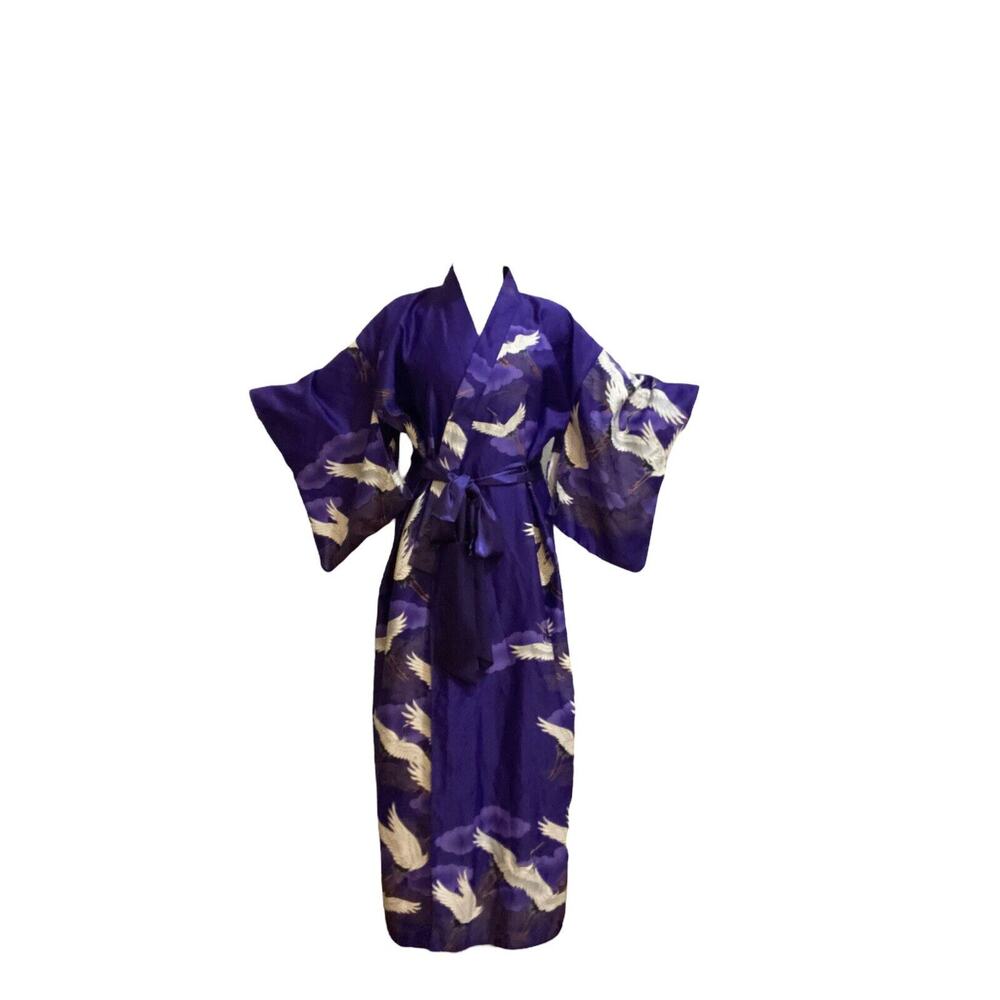 Vintage 1960s Marukyo of Tokyo Crane Print Kimono Robe Made in Japan